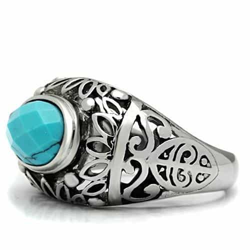 Stainless Steel Silver Turquoise Cabochon Filigree Ring view 8