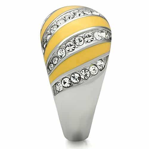 Stainless Steel Silver Yellow Enamel Stripe CZ Dome Ring view 8