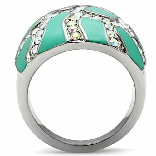 Stainless Steel Silver Teal Enamel Crystal Pave Dome Ring view 6