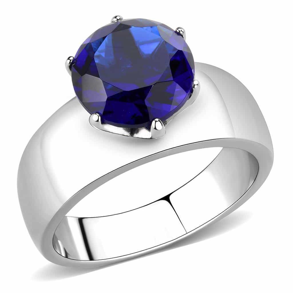 Stainless Steel Silver CZ Round Sapphire Solitaire Wide Band Ring view 2