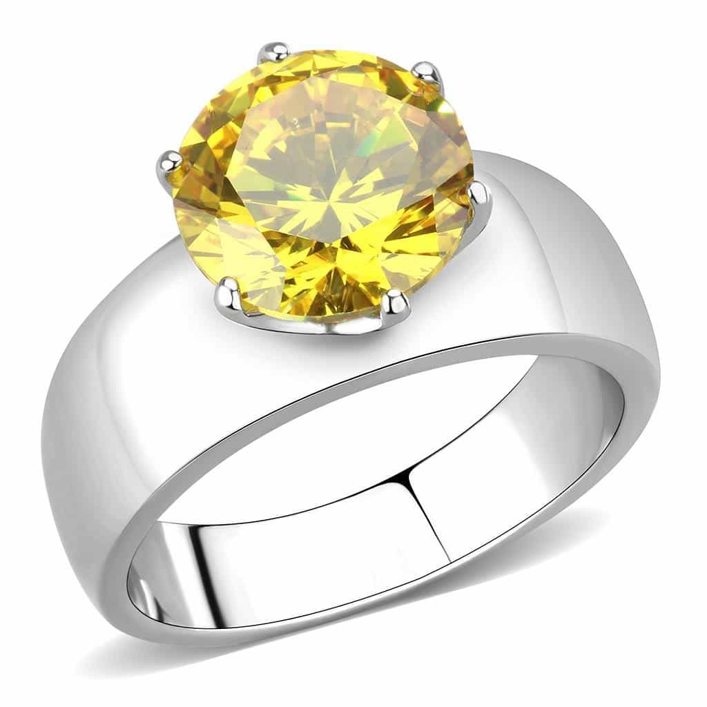 Stainless Steel Silver CZ Round Yellow Solitaire Wide Band Ring view 2