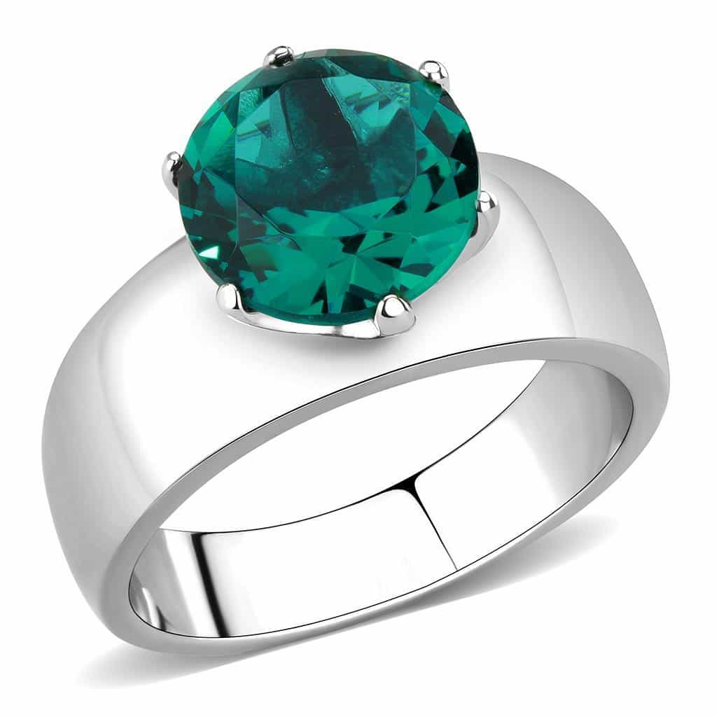 Stainless Steel Silver CZ Round Teal Solitaire Wide Band Ring view 2
