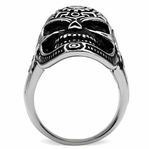 Stainless Steel Silver Tribal Carved Skull Biker Ring view 6