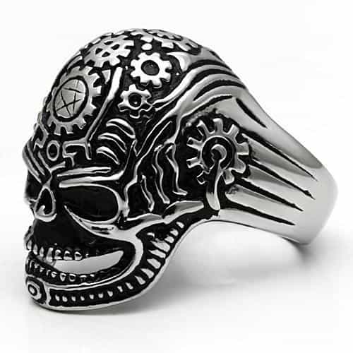 Stainless Steel Silver Tribal Carved Skull Biker Ring view 10