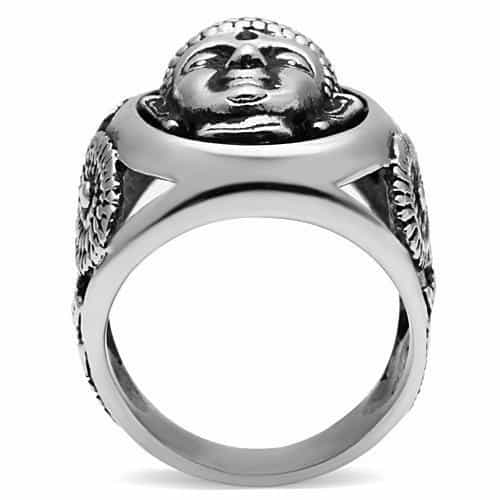 Stainless Steel Silver Buddha Face Oval Ornate Mens Signet Ring view 6