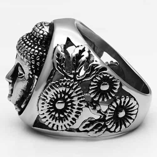 Stainless Steel Silver Buddha Face Oval Ornate Mens Signet Ring view 8