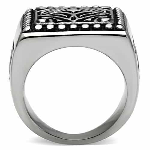 Stainless Steel Silver Geometric Tribal Carved Square Mens Ring view 6