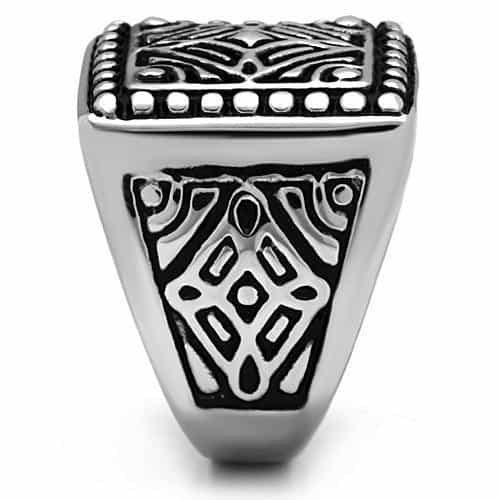 Stainless Steel Silver Geometric Tribal Carved Square Mens Ring view 8