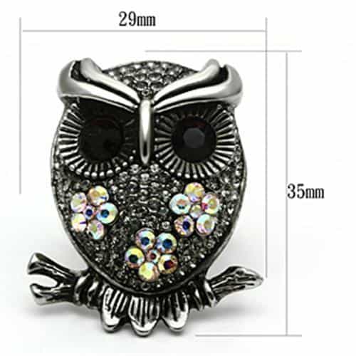 Stainless Steel Silver Crystal Pave Owl Brown Eyes Ring view 4