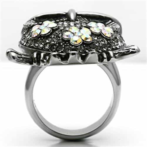 Stainless Steel Silver Crystal Pave Owl Brown Eyes Ring view 6