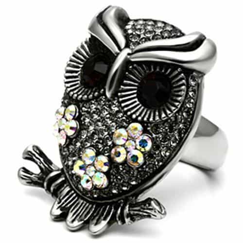 Stainless Steel Silver Crystal Pave Owl Brown Eyes Ring view 8