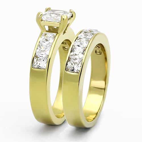 Stainless Steel Gold IP CZ Princess Solitaire Channel Bridal Ring view 8