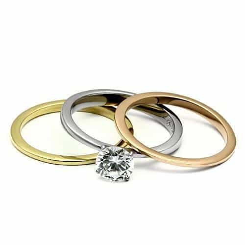 Stainless Steel Silver Gold Rose Gold Tri Tone CZ Solitaire Ring view 6