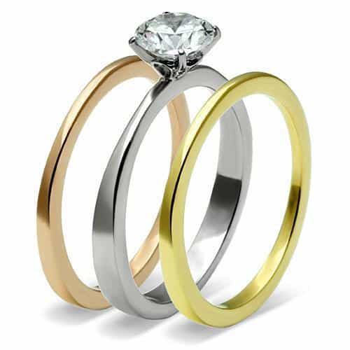 Stainless Steel Silver Gold Rose Gold Tri Tone CZ Solitaire Ring view 8