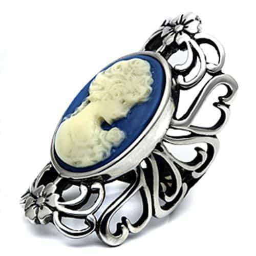 Stainless Steel Silver Blue White Cameo Lady Floral Frame Ring view 8
