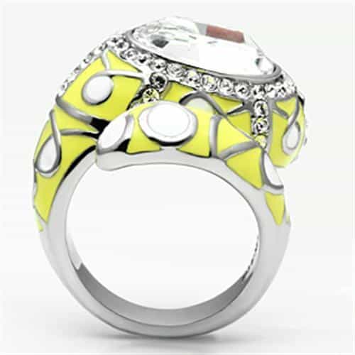 Stainless Steel Silver CZ Oval Clear Yellow Enamel Abstract Ring view 6