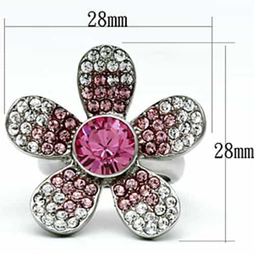Stainless Steel Silver Crystal Pave Flower Pink Center Mauve Ring view 4
