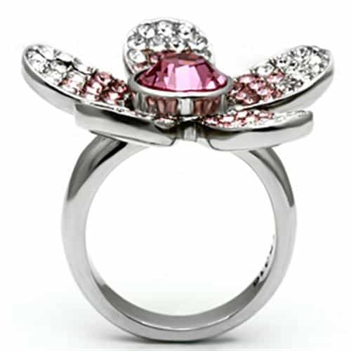 Stainless Steel Silver Crystal Pave Flower Pink Center Mauve Ring view 6