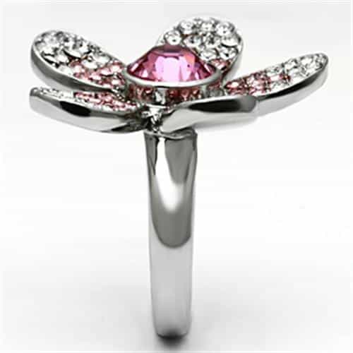 Stainless Steel Silver Crystal Pave Flower Pink Center Mauve Ring view 8