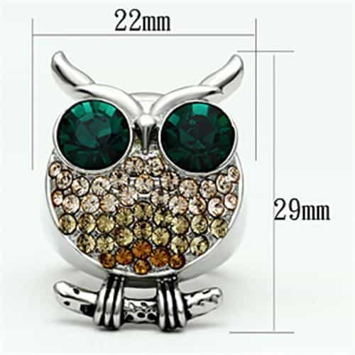 Stainless Steel Silver Green CZ Eyes Champagne Crystal Owl Ring view 4