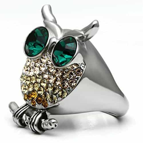 Stainless Steel Silver Green CZ Eyes Champagne Crystal Owl Ring view 6