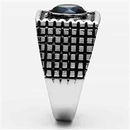 Stainless Steel Silver CZ Round Sapphire Crosshatch Square Ring view 8