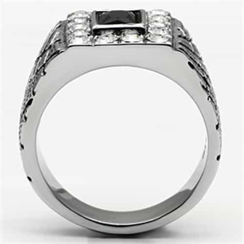 Stainless Steel Silver Black Onyx Square CZ Crosshatch Mens Ring view 6