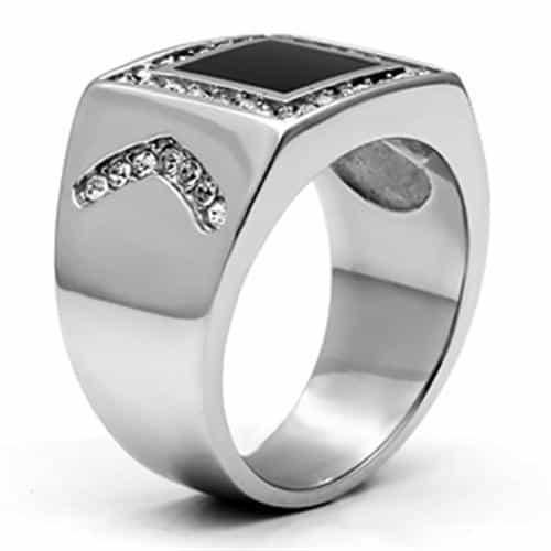 Stainless Steel Silver Black Onyx Square CZ Halo Ornate Mens Ring view 8