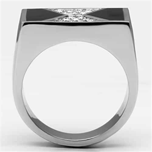 Stainless Steel Silver CZ Black Enamel Triangle X Pattern Ring view 6