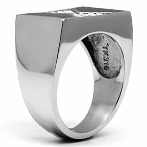 Stainless Steel Silver CZ Black Enamel Triangle X Pattern Ring view 8