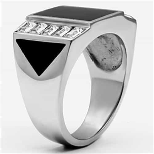 Stainless Steel Silver Black Onyx Square Baguette Side Mens Ring view 8