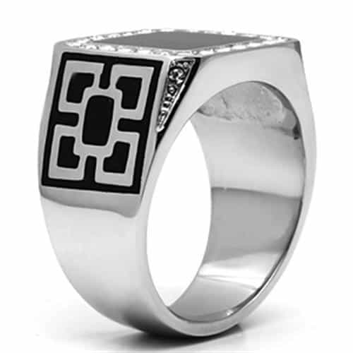 Stainless Steel Silver Black Onyx Square CZ Halo Greek Key Ring view 8