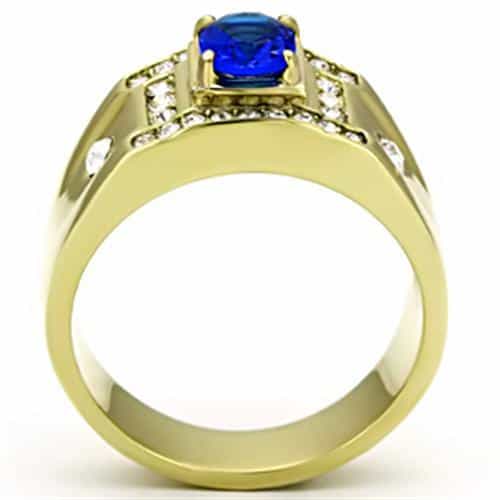 Stainless Steel Gold IP CZ Oval Sapphire CZ Halo Column Mens Ring view 6