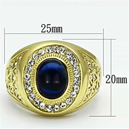 Stainless Steel Gold IP CZ Oval Sapphire Halo Ornate Mens Ring view 4