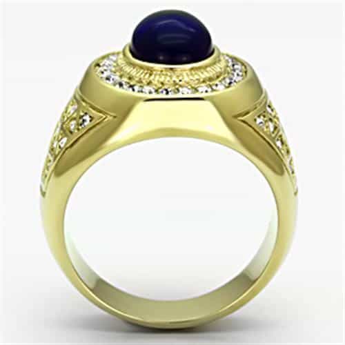 Stainless Steel Gold IP CZ Oval Sapphire Halo Ornate Mens Ring view 6