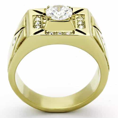 Stainless Steel Gold IP CZ Round Clear Cross Accent Square Ring view 6