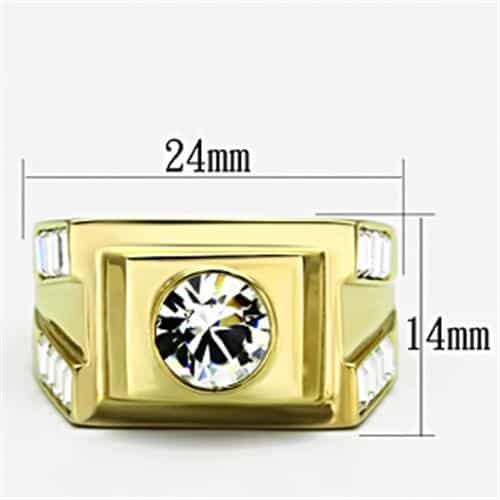 Stainless Steel Gold IP CZ Round Clear Square Baguette Side Ring view 4