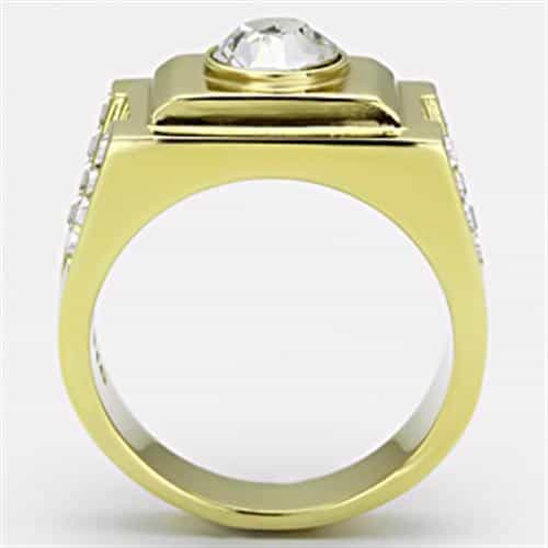 Stainless Steel Gold IP CZ Round Clear Square Baguette Side Ring view 6