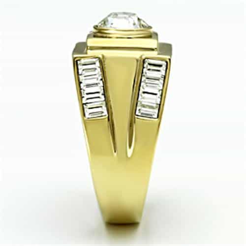 Stainless Steel Gold IP CZ Round Clear Square Baguette Side Ring view 8
