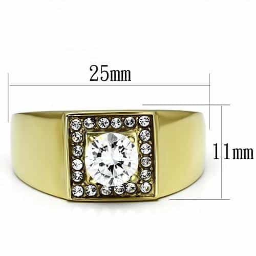 Stainless Steel Gold IP CZ Round Clear Square Halo Mens Ring view 4