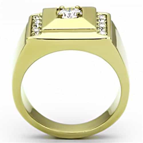 Stainless Steel Gold IP CZ Round Clear Square Channel Mens Ring view 6
