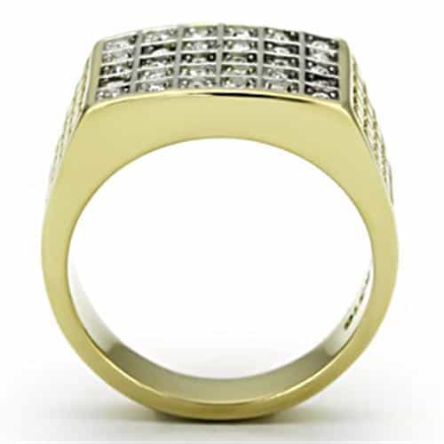 Stainless Steel Gold IP CZ Grid Pave Square Flat Mens Signet Ring view 6