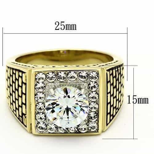 Stainless Steel Gold IP CZ Round Clear Large Halo Crosshatch Ring view 4