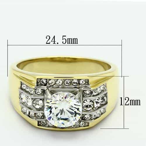 Stainless Steel Gold IP CZ Round Clear Wide Pave Wing Mens Ring view 4