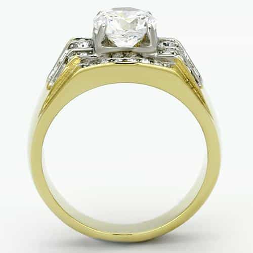 Stainless Steel Gold IP CZ Round Clear Wide Pave Wing Mens Ring view 6