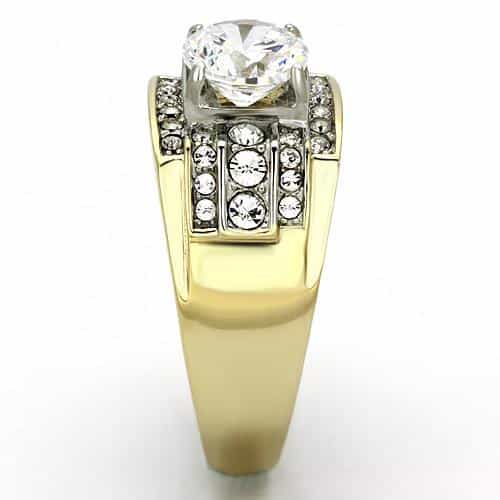Stainless Steel Gold IP CZ Round Clear Wide Pave Wing Mens Ring view 8