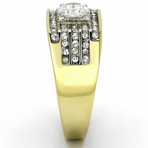 Stainless Steel Gold IP CZ Round Clear Three Row Channel Ring view 8