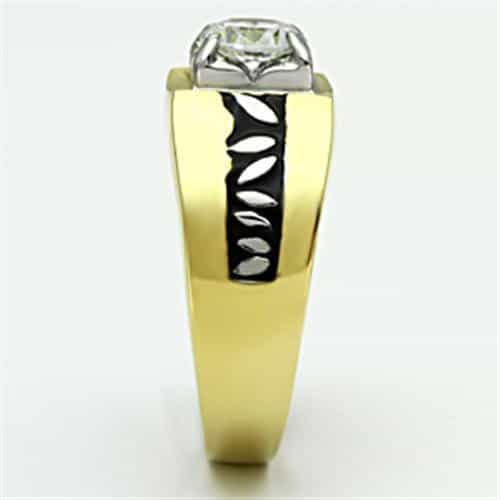Stainless Steel Gold IP CZ Round Clear Square Leaf Accent Ring view 8