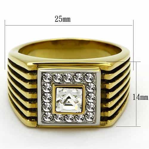 Stainless Steel Gold IP CZ Princess Square Ribbed Halo Mens Ring view 4