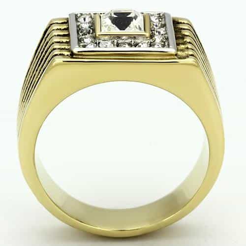 Stainless Steel Gold IP CZ Princess Square Ribbed Halo Mens Ring view 6